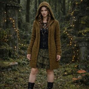 Olive Brown Hooded Cardigan M Forest Fairy Grunge Goblin Earthy Sweater Boho